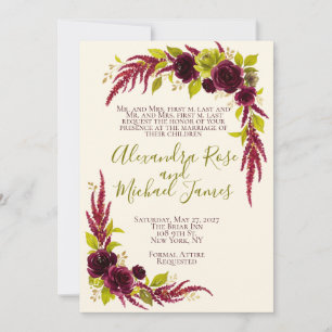 Faire-part de mariage floral Chartreuse et Bourgog