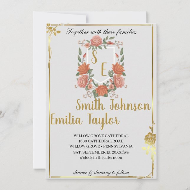 Faire-part de mariage Floral Classique Monogram Cr (Devant)