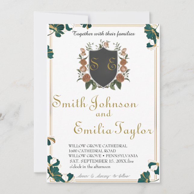 Faire-part de mariage Floral Classique Monogram Cr (Devant)
