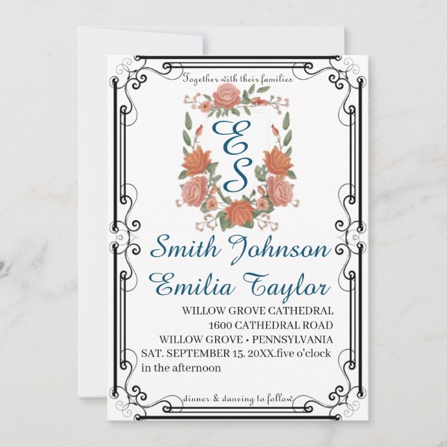 Faire-part de mariage Floral Classique Monogram Cr (Devant)
