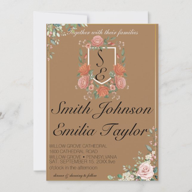 Faire-part de mariage Floral Classique Monogram Cr (Devant)