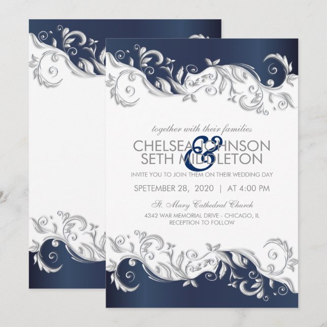 Faire-part de mariage floral de bleu marine et (Devant / Derrière)