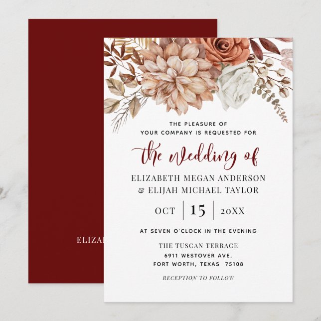 Faire-part de mariage floral de Burgundy Fall (Devant / Derrière)