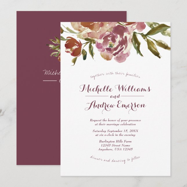 Faire-part de mariage floral de Burgundy Marsala F (Devant / Derrière)
