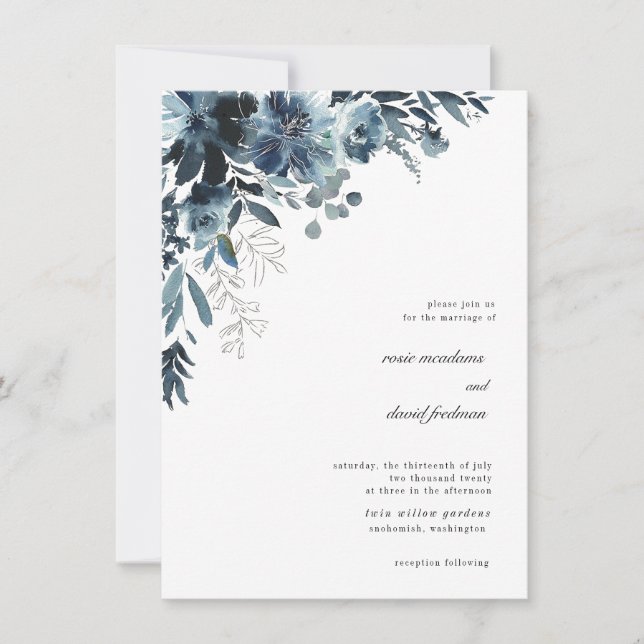 Faire-part de mariage floral de couleur d'eau mari (Devant)