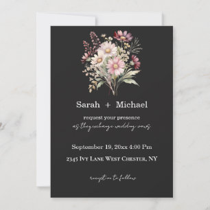 Faire-part de mariage floral de printemps noir et 