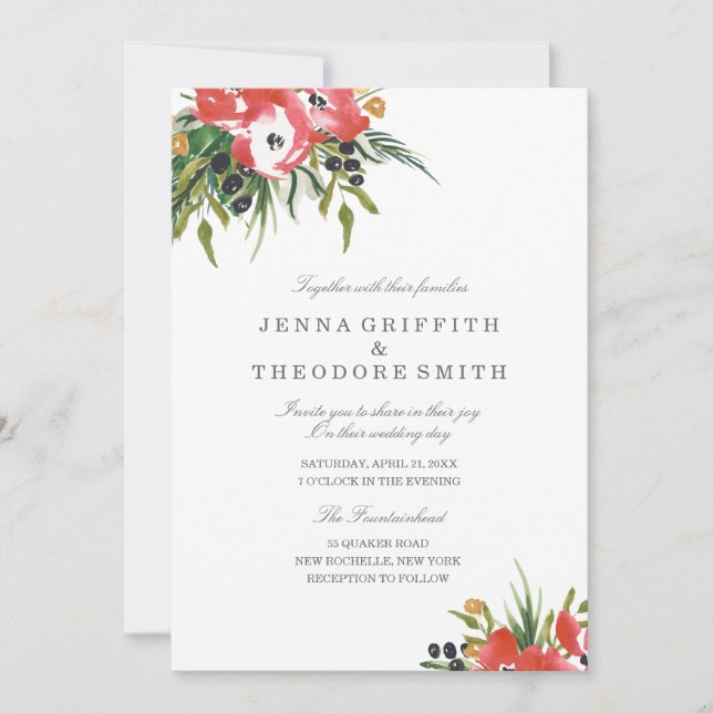 Faire-part de mariage floral de Red Romance (Devant)