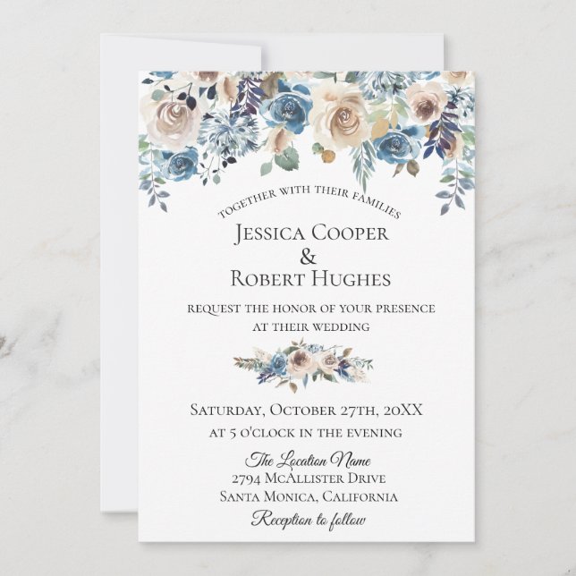 Faire-part de mariage floral de Taupe bleu (Devant)