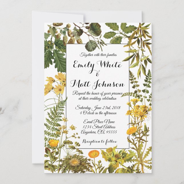 Faire-part de mariage floral d'été jaune (Devant)
