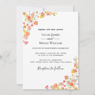 Faire-part de mariage floral d'été rose et orange