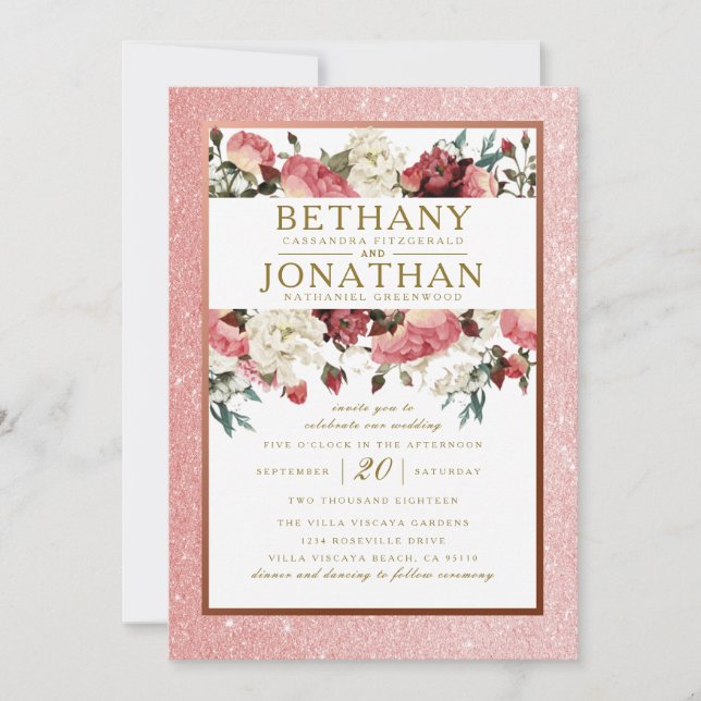 Faire-part de mariage floral d'or rose et de (Devant)