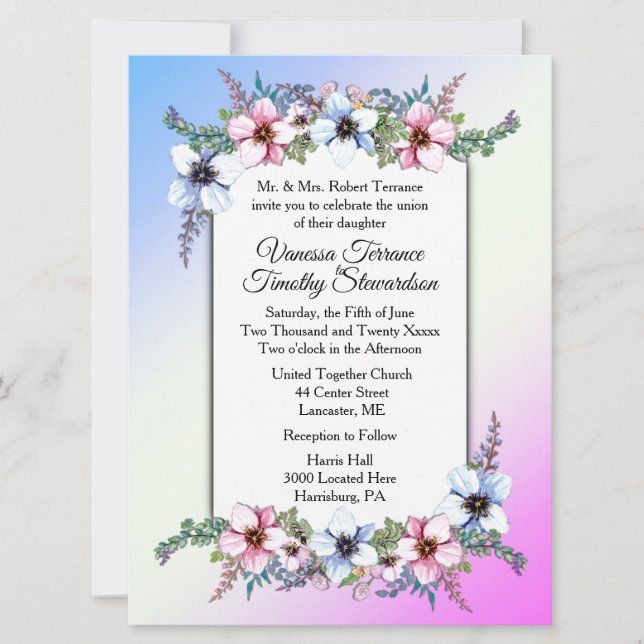 Faire-part de mariage floral double bleu / rose (Devant)