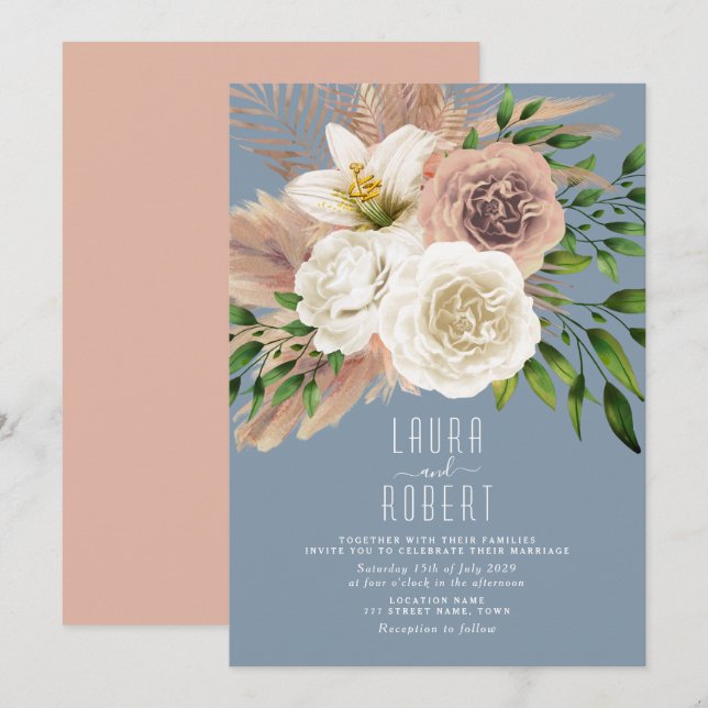 Faire-part de mariage floral Dusty Blue Boho (Devant / Derrière)