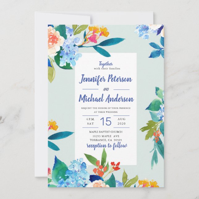Faire-part de mariage floral Dusty Blue & Peach (Devant)