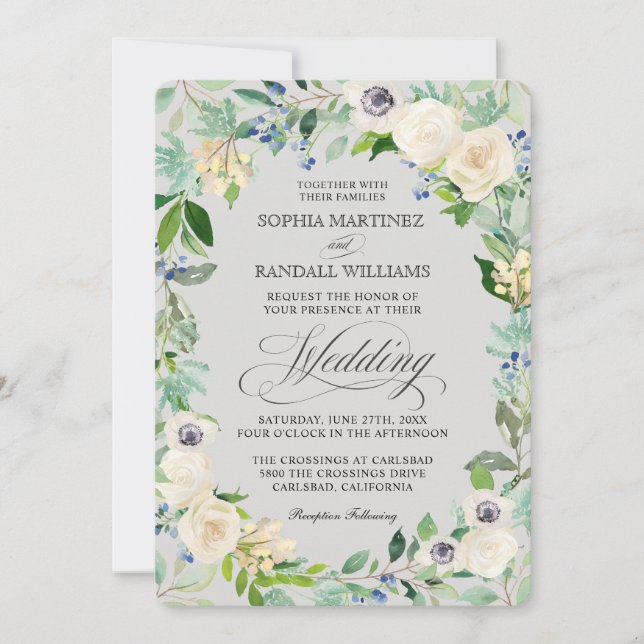 Faire-part de mariage floral élégant aux roses bla (Devant)