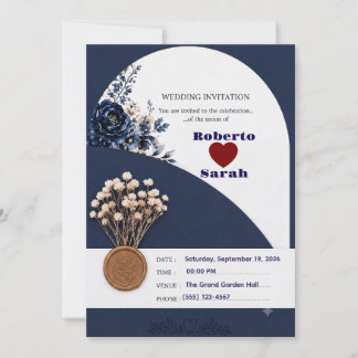Faire-part de mariage floral élégant bleu marine e