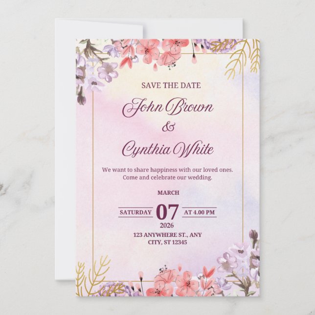 Faire-part de mariage floral élégant et personnali (Devant)