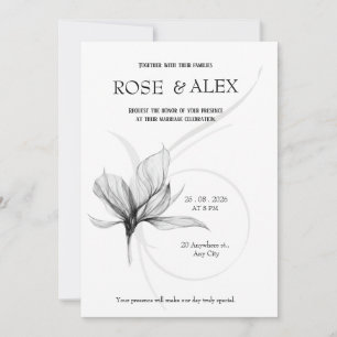 Faire-part de mariage floral élégant noir et gris 
