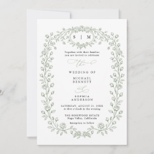 Faire-part de mariage floral en art linéaire vert