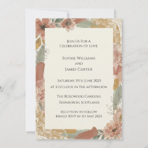 Faire-part de mariage floral en terre cuite et or