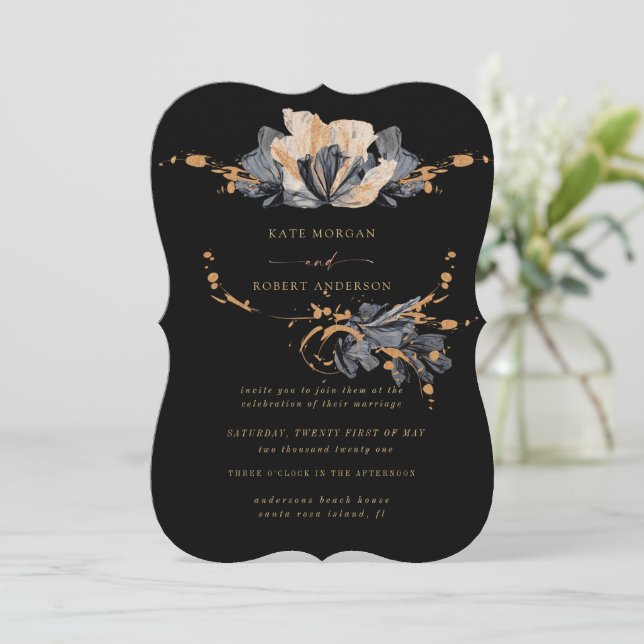 Faire-part de mariage Floral Exclusif Or Et Noir (Debout devant)