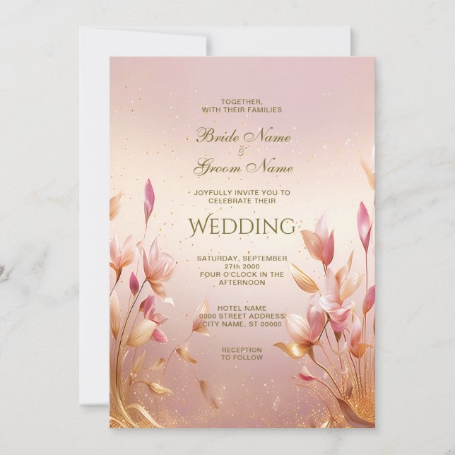 Faire-part de mariage Floral Feuille rose (Devant)
