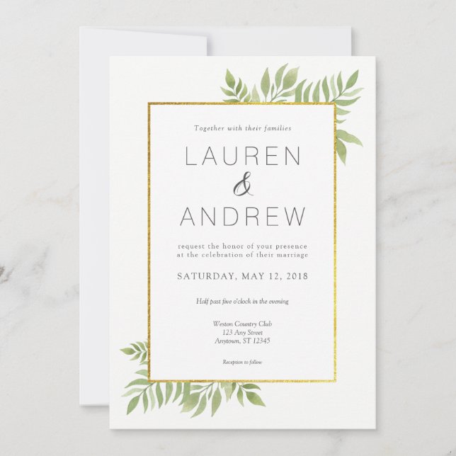 Faire-part de mariage Floral Feuilles Gold Greener (Devant)