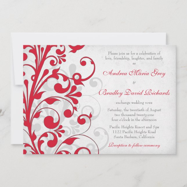 Faire-part de mariage floral gris argenté rouge (Devant)