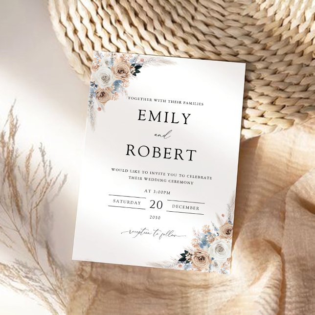 Faire-part de mariage floral ivoire et saumon bleu (Créateur téléchargé)