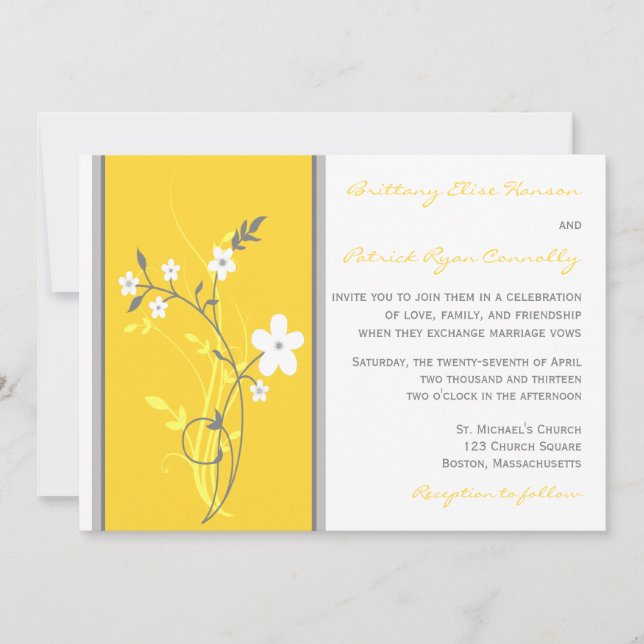 Faire-part de mariage floral jaune, gris, blanc (Devant)
