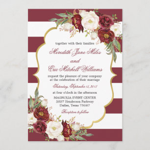 Faire-part de mariage floral marsala rayé