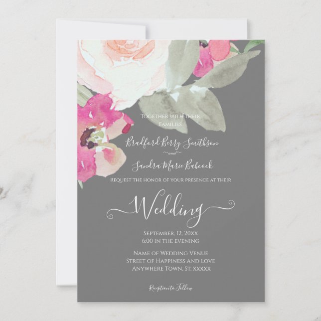 Faire-part de mariage floral moderne gris argenté  (Devant)
