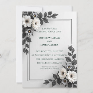 Faire-part de mariage floral monochrome | Noir Bla