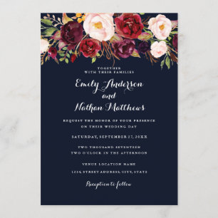 Faire-part de mariage floral Navy Rustique Bourgog