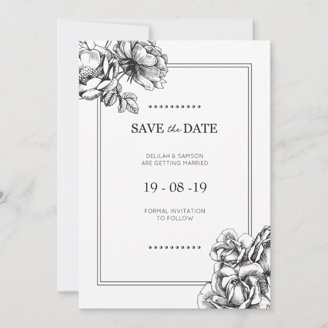 Faire-part de mariage floral noir et blanc gravé à (Devant)