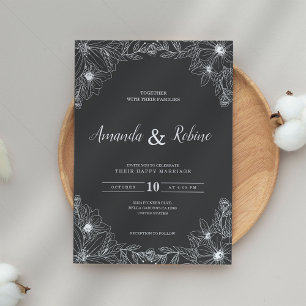 Faire-part de mariage floral noir et blanc minimal