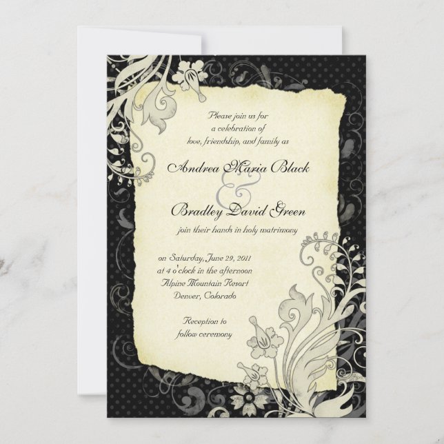 Faire-part de mariage floral noir et ivoire (Devant)