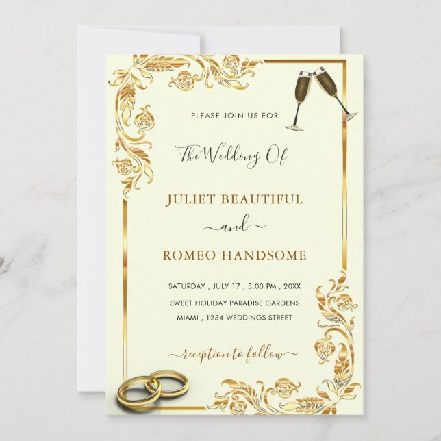 Faire-part de mariage Floral Or + Anneaux & Champa (Devant)