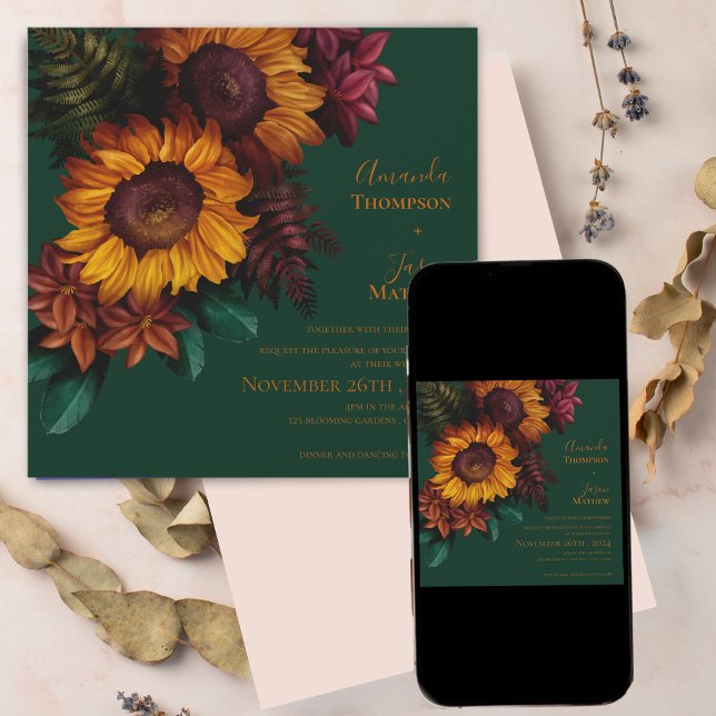 Faire-part de mariage Floral Orange Brûlé Vert (Green Burnt Orange Floral Wedding Invitation)