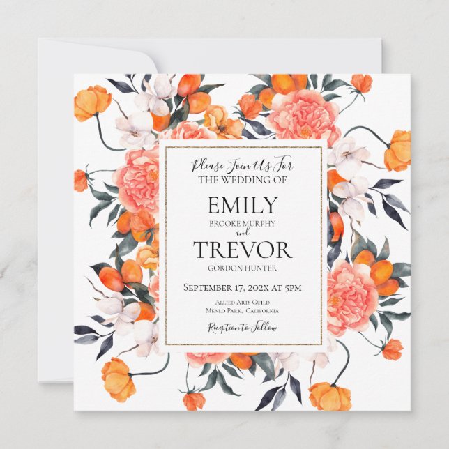 Faire-part de mariage floral orange et blanc (Devant)