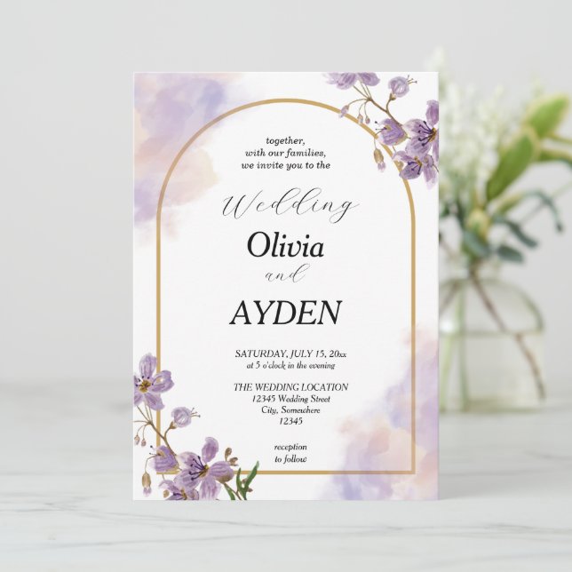 Faire-part de mariage Floral pourpre (Debout devant)