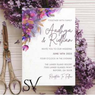 Faire-part de mariage floral pourpre d'aubergine
