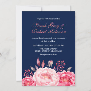 Faire-part de mariage floral rayures roses bleu ma