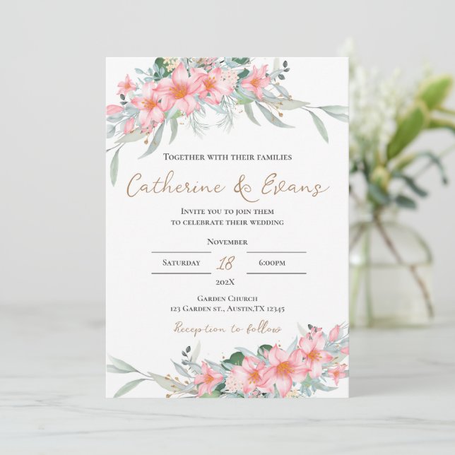 Faire-part de mariage FLoral rose (Debout devant)