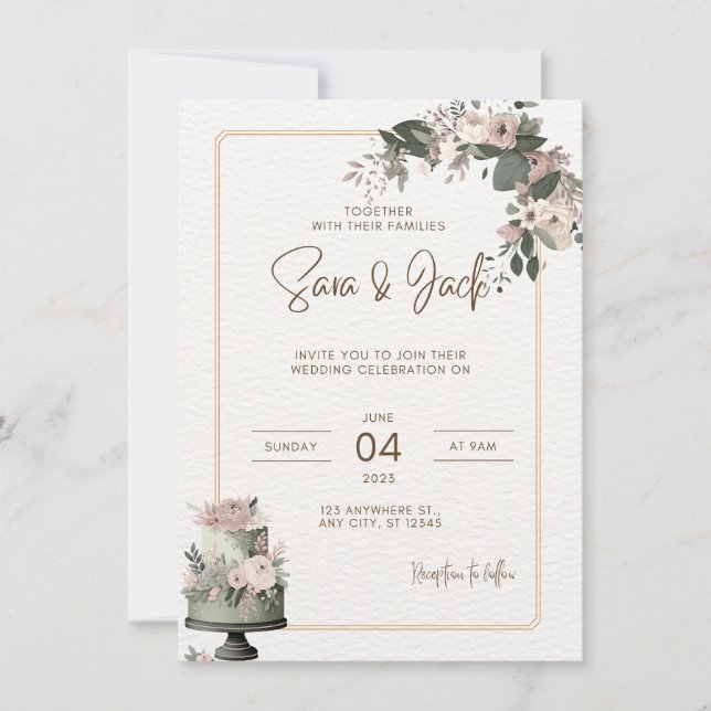 Faire-part de mariage floral rose blush et vert sa (Devant)
