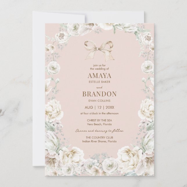 Faire-part de mariage floral rose Coquette Bow (Devant)
