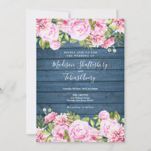 Faire-part de mariage floral rose en bois rustique