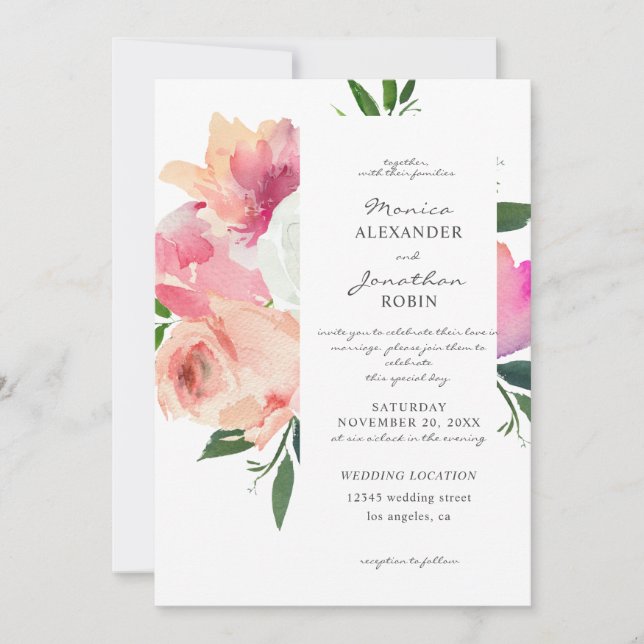 Faire-Part de Mariage Floral Rose et Gris V2 (Devant)