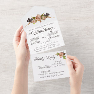 Faire-part de mariage floral rose et prune vintage