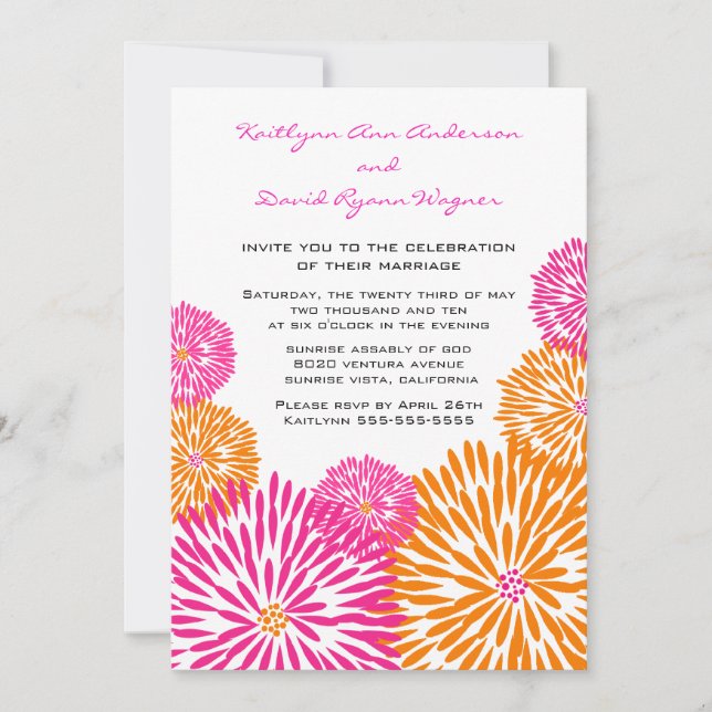 Faire-part de mariage floral rose et tangerine (Devant)